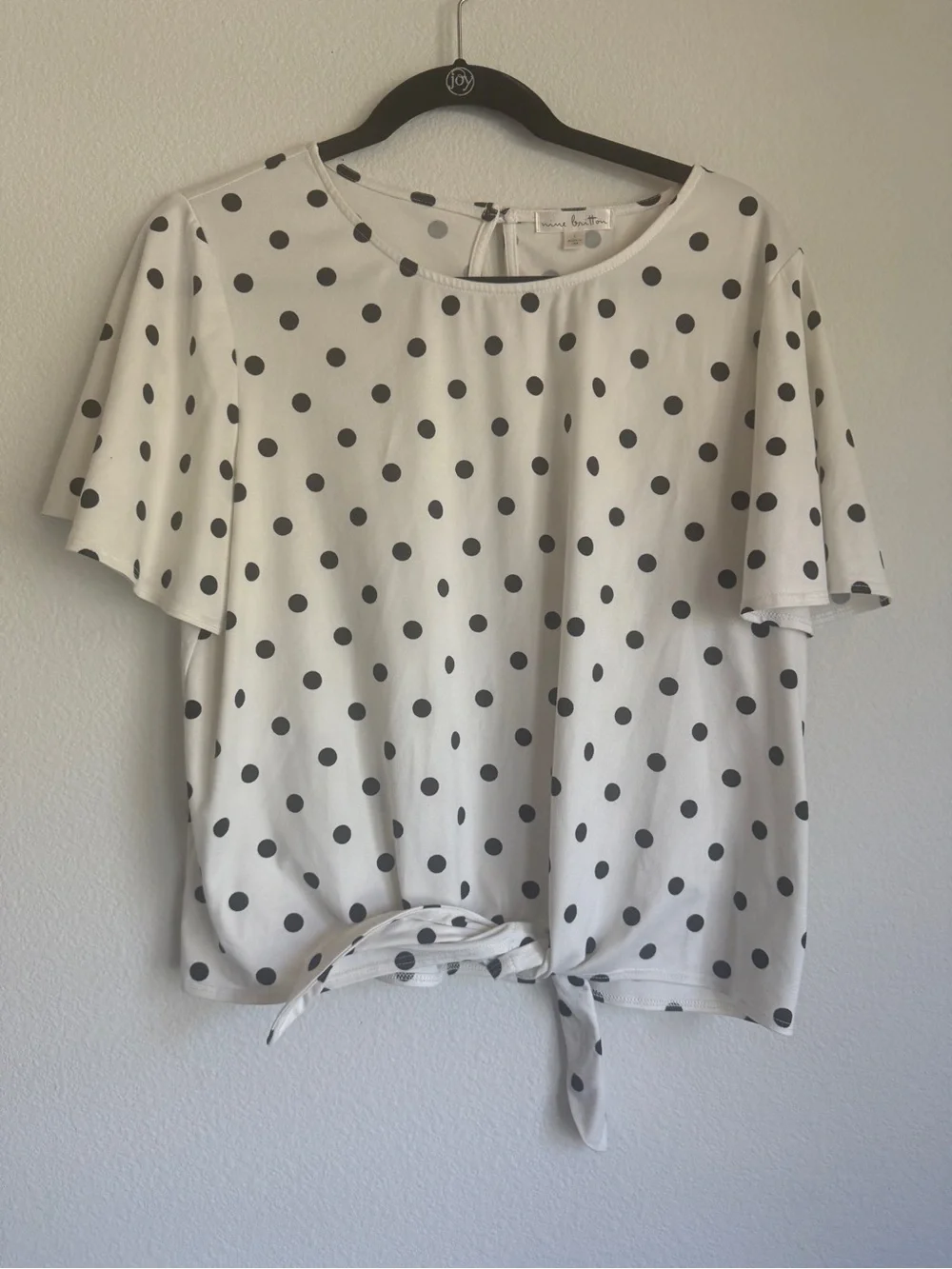 nine britton White Short Sleeve Polka Dot Tie-Front Top